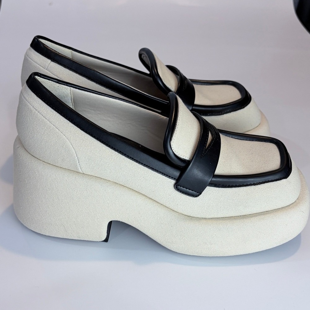 Charles & Keith Cream Canvas Chunky Platform Penny Loafers Black Trim 37